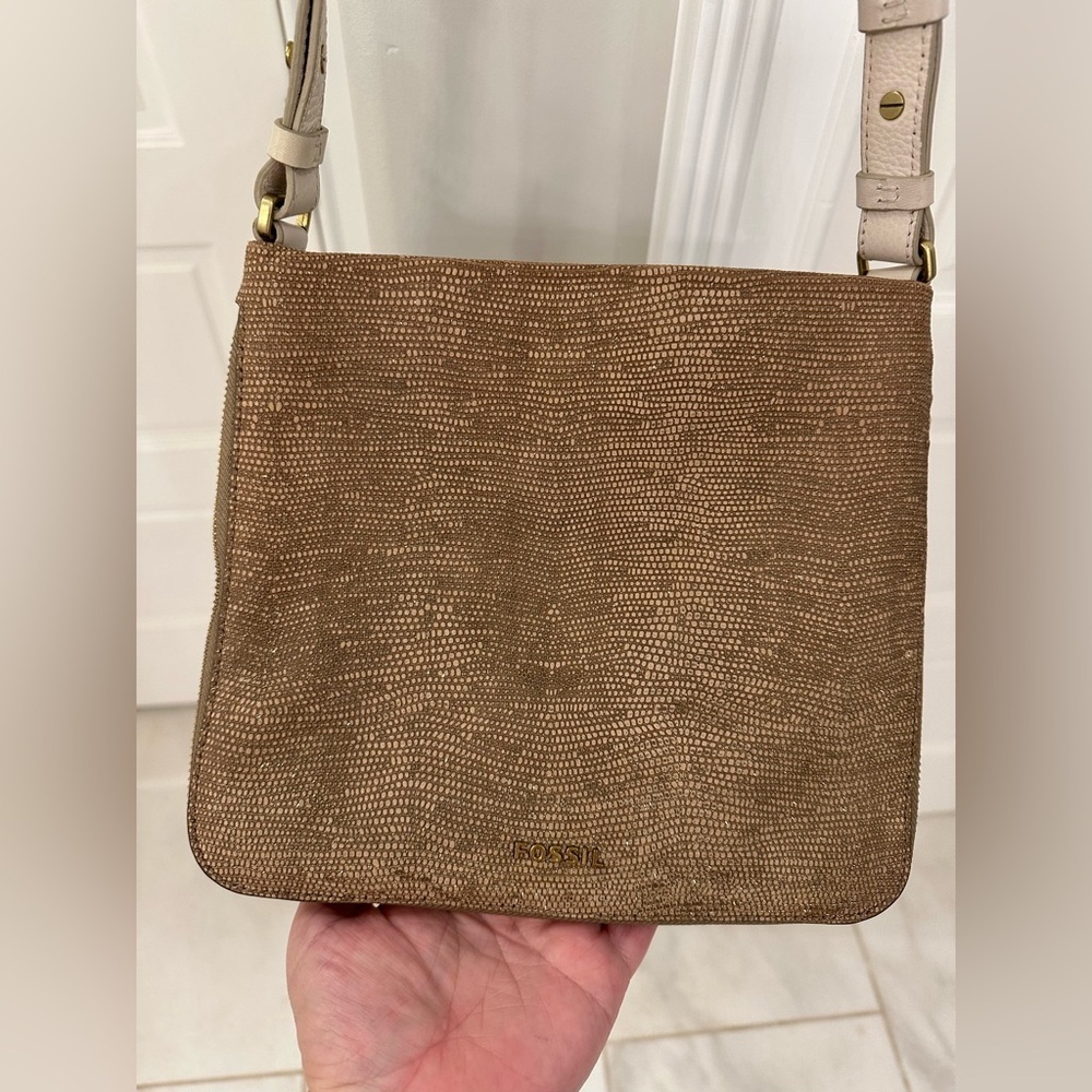 FOSSIL Reptile Leather Gold Sparkl Crossbody Bag Expandable Purse Brass Cow Hide